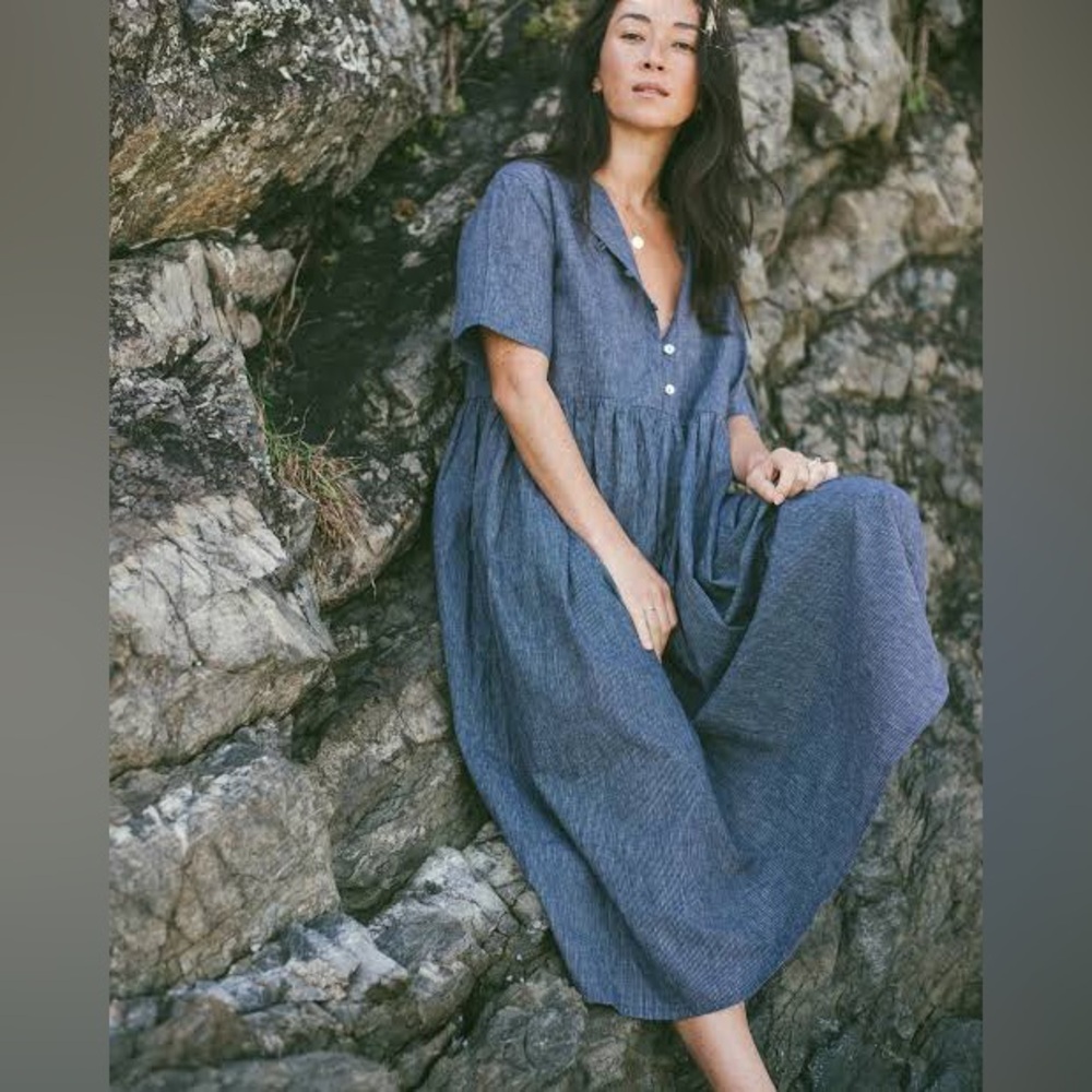 THE BARE ROAD Darcey Midi Dress in Navy Pinstripe